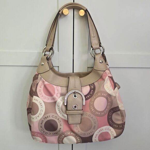 Coach Scarf Print F18441 Pink Brown Sateen Shoulder Bag Leather Trim - Picture 1 of 7